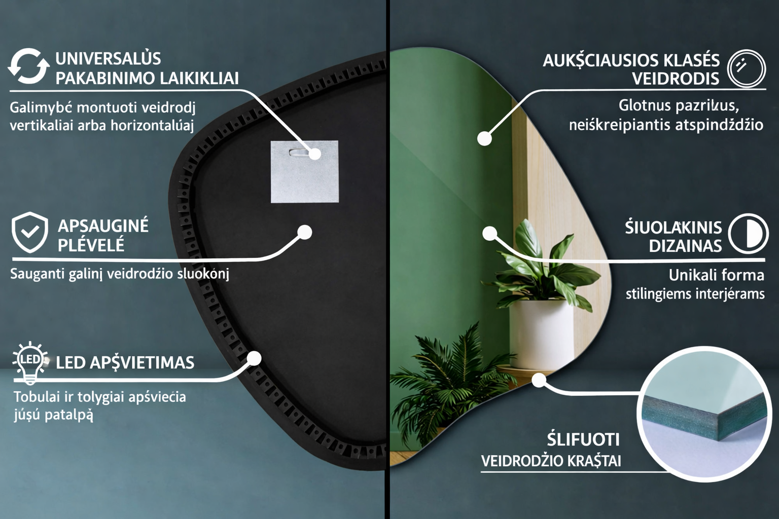 Asimetriškas LED veidrodis Adonis